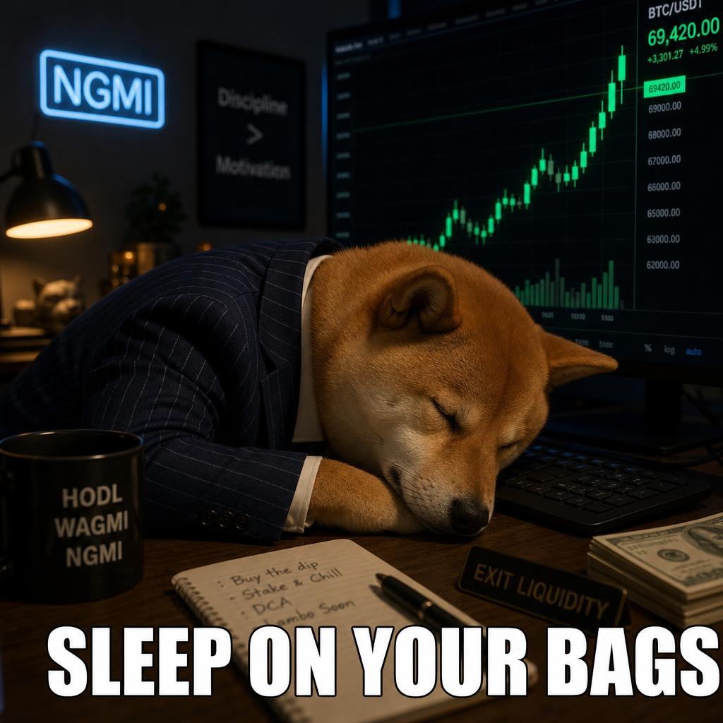 Shiba in a suit asleep on a desk with a green crypto chart