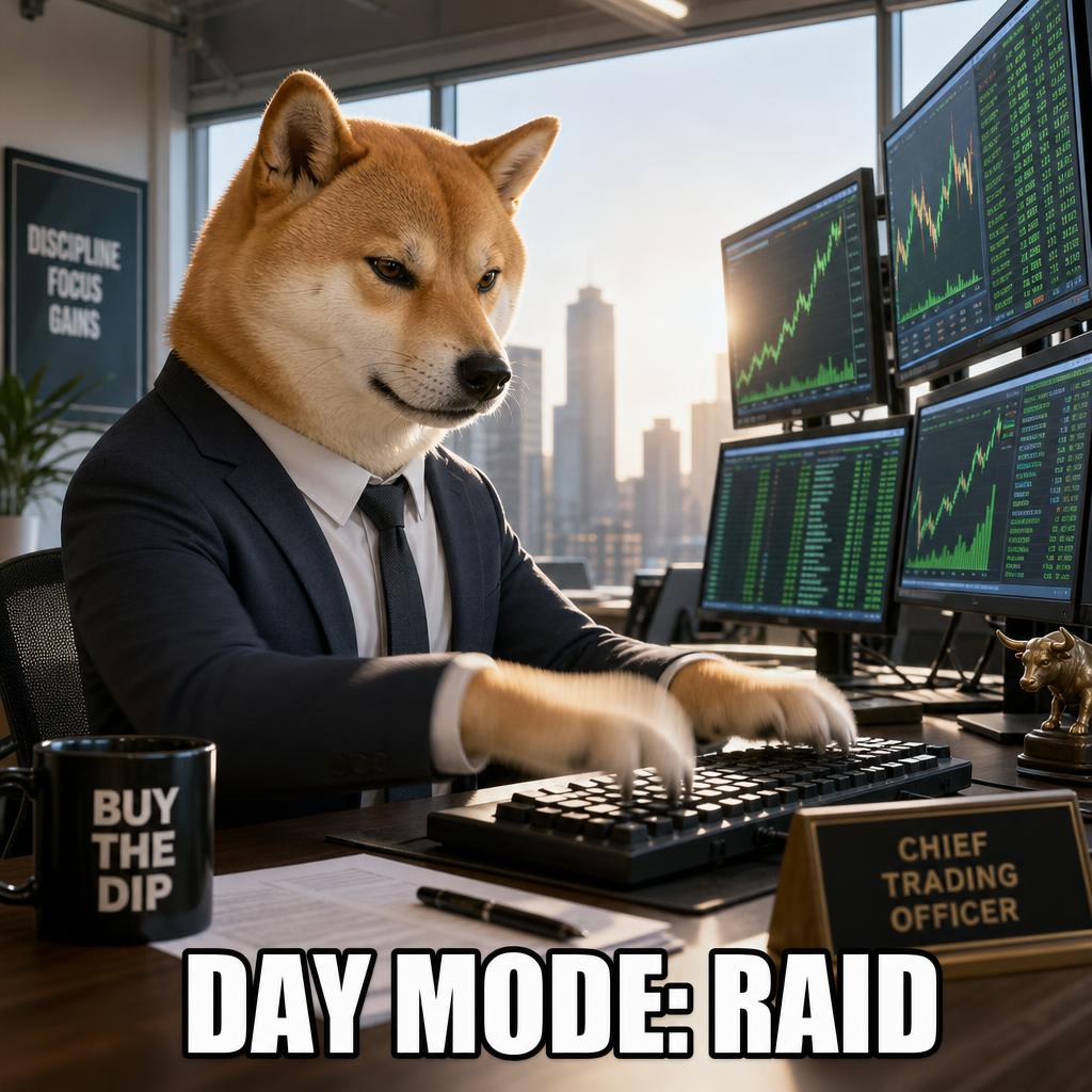 Shiba in a suit trading at a desk of green monitors