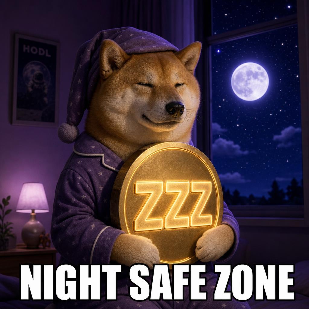 Shiba in pajamas holding a glowing $ZZZ coin at night