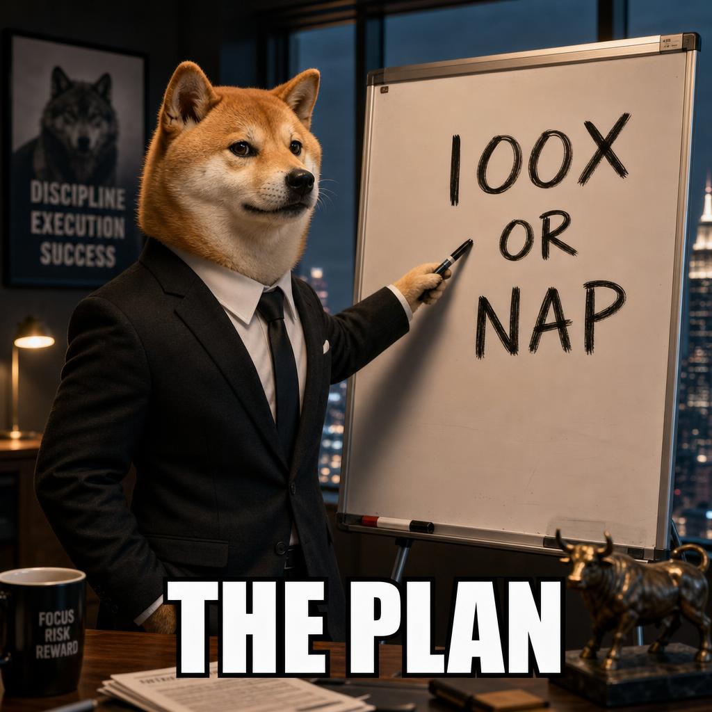 Shiba in a suit pointing at a 100X OR NAP whiteboard